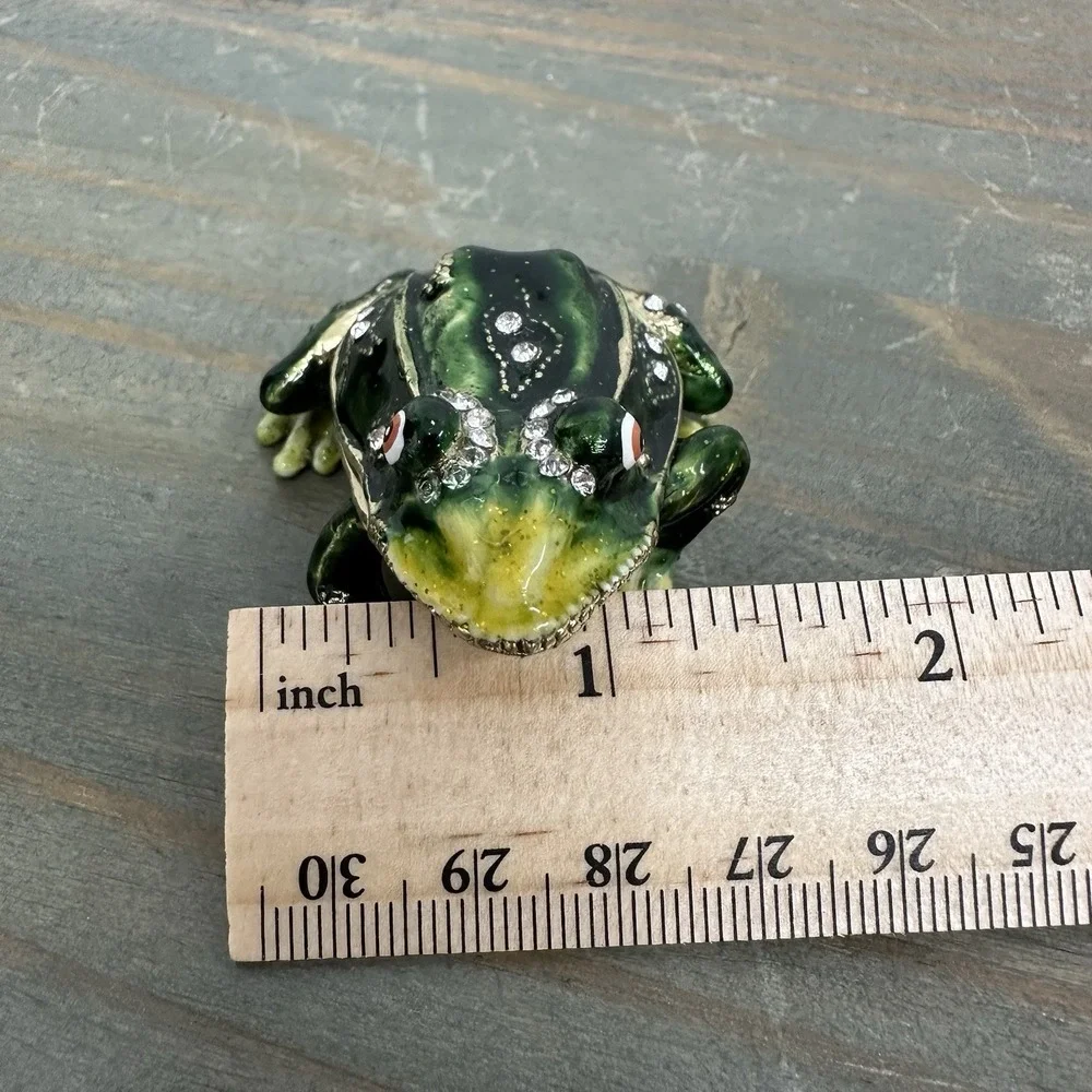 Jeweled Frog Trinket Box Green Yellow Rhinestone Enamel Hinged Mini Figurine